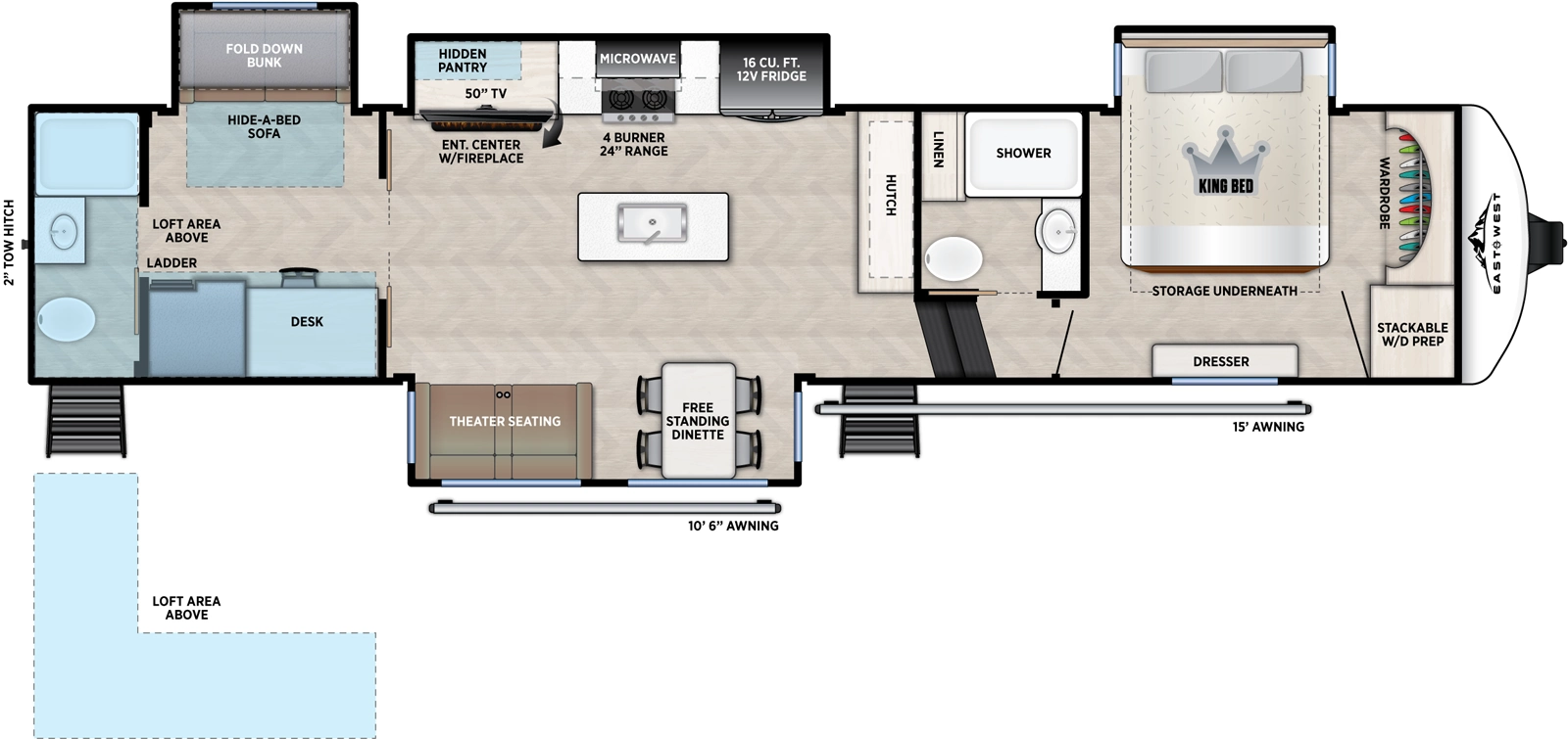 The Blackthorn 3880RBDB floorplan has two entries and four slide outs. Exterior features include: fiberglass exterior and 10'6" & 15' awning. Interiors features include: loft, kitchen island, free-standing dinette option, front bedroom and rear bathroom.
